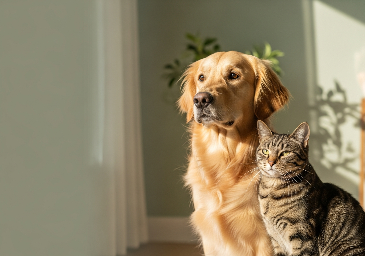 A calm golden retriever and a tabby cat sitting together in soft natural light